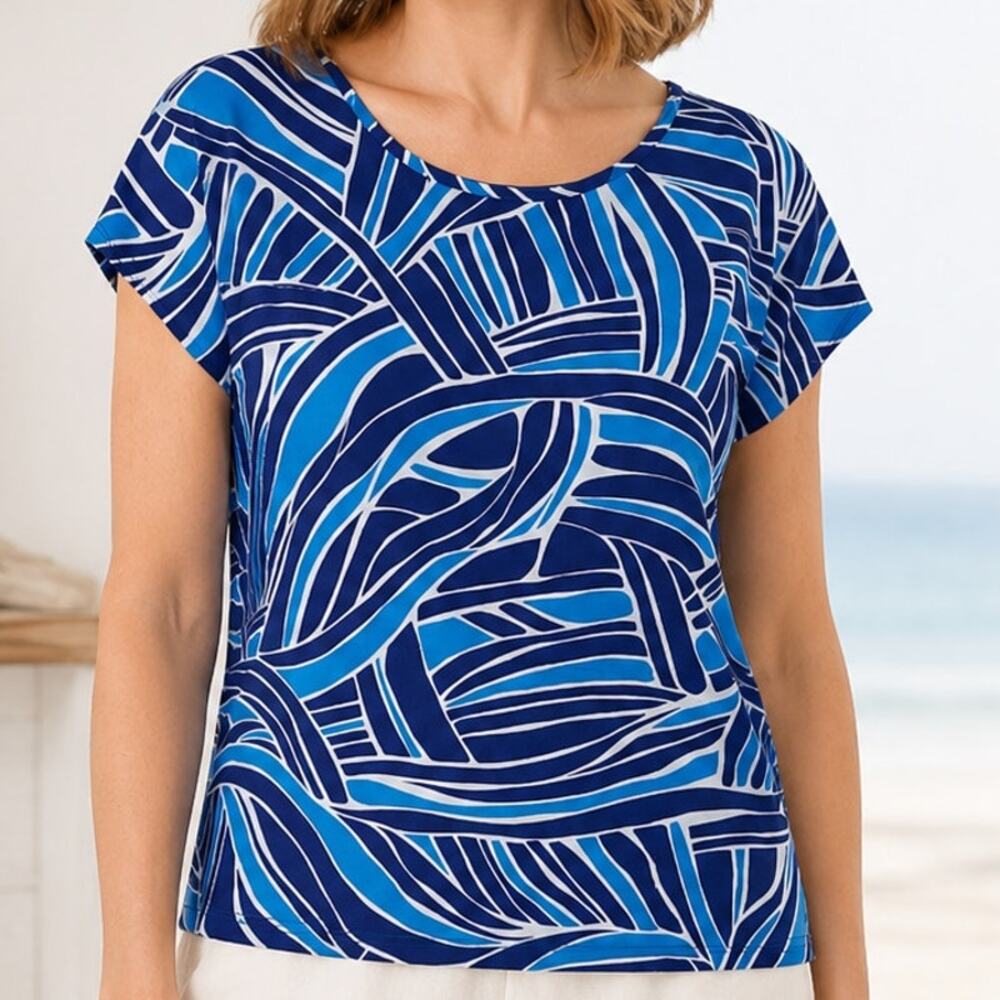 Liz Claiborne Top Size Medium Blue Colorful Mixed Media Cap Sleeve Pullover
